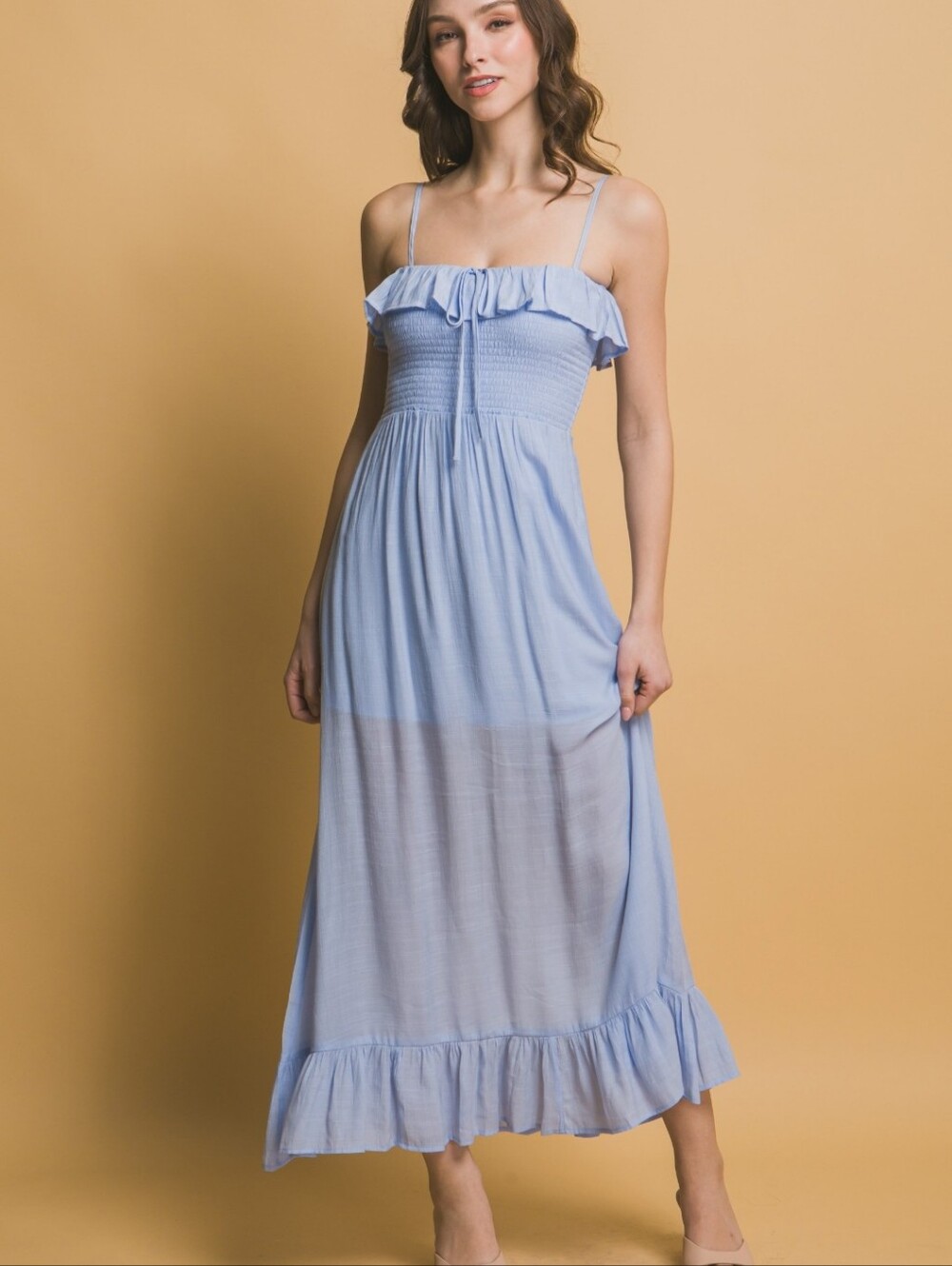 Blue Smocked Maxi Dress Flowy Ruffle Summer Wedding Guest Size L